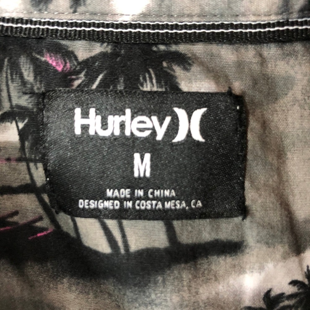 Hurley Mens Short Sleeve Button Down Shirt Gray Pink Tropical Island Palm Tree M - Picture 6 of 10
